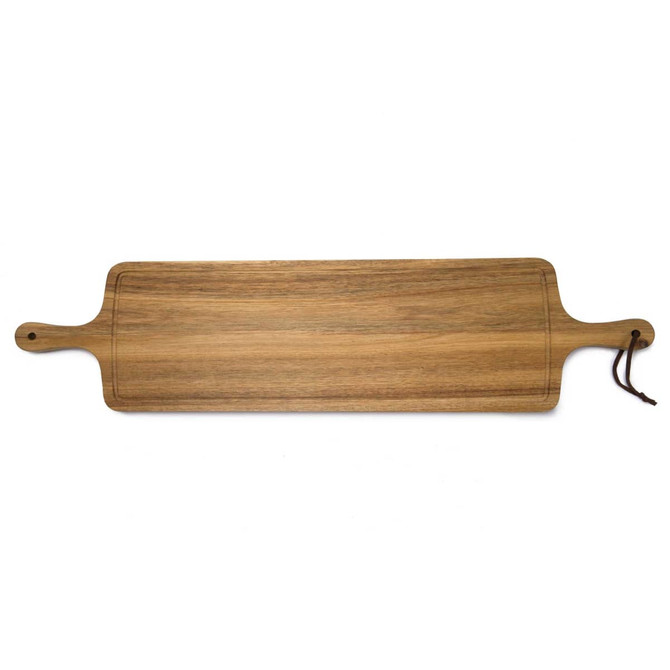 A wooden tapas serving board in a light brown finish, featuring handles and a hanging loop.