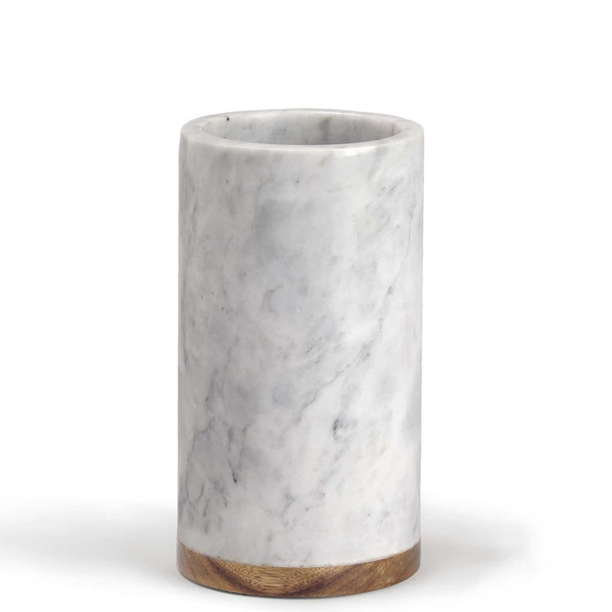 A drink bottle cooler made of white marble with a wooden base, featuring a smooth, polished finish. A drink bottle cooler made of white marble with a wooden base, featuring a smooth, polished finish.