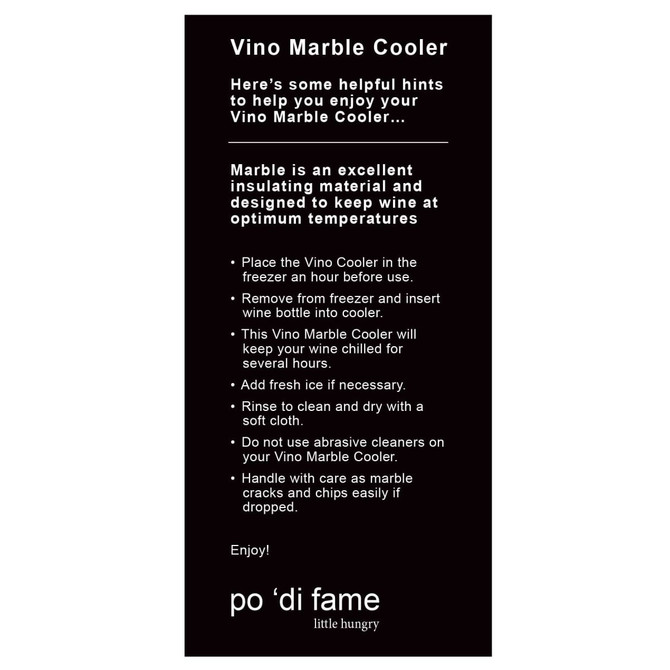 A Vino Marble Cooler in a marble design, featuring a logo, with instructions for use and care. A Vino Marble Cooler in a marble design, featuring a logo, with instructions for use and care.