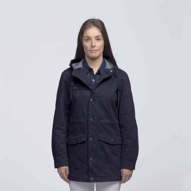 A navy twill jacket with a hood, featuring two front pockets and a grey-lined interior. It has a logo present.