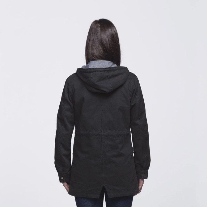 A black twill jacket featuring a hood and a casual cut, shown from the back. The jacket has a logo. A black twill jacket featuring a hood and a casual cut, shown from the back. The jacket has a logo.