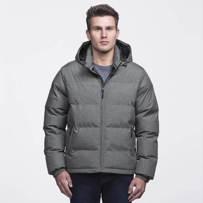 A puffer jacket in grey, featuring a zip-up front, hood, and a fitted design, worn by a model. A puffer jacket in grey, featuring a zip-up front, hood, and a fitted design, worn by a model.