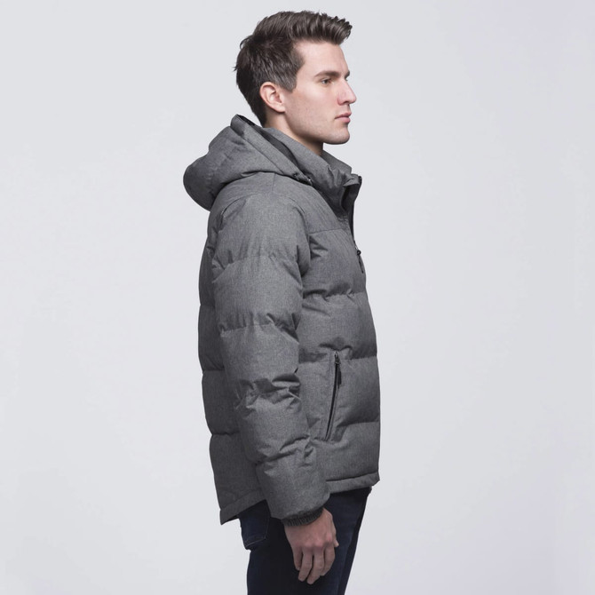 A grey puffer jacket with a hood, featuring a zip closure and side pockets, worn by a man in profile.