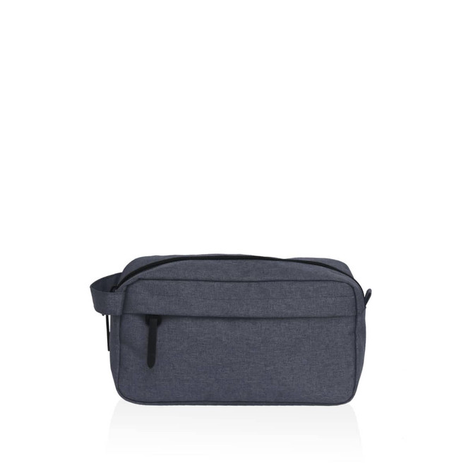 A grey toiletry bag with a zippered main compartment and a front pocket, featuring a logo.