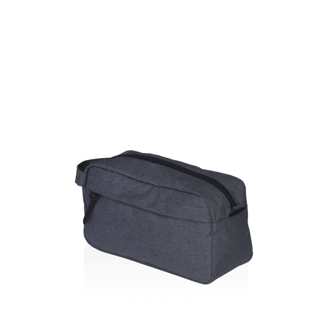 A dark grey toiletry bag with a zip closure and a side handle, featuring a branding logo.