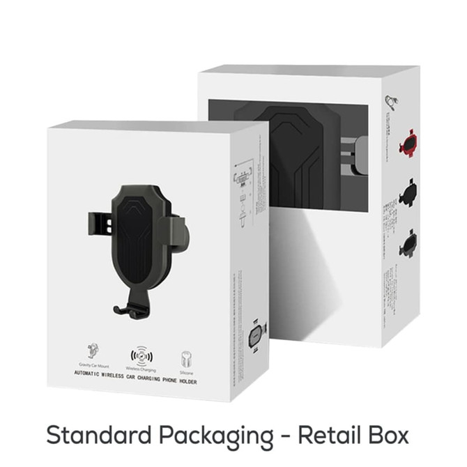 A retail box for the Bernado Wireless Car Charger in black and green, featuring a logo and product images.