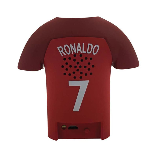 A red custom moulded Bluetooth speaker styled as a football shirt with a number 7 and a logo. A red custom moulded Bluetooth speaker styled as a football shirt with a number 7 and a logo.