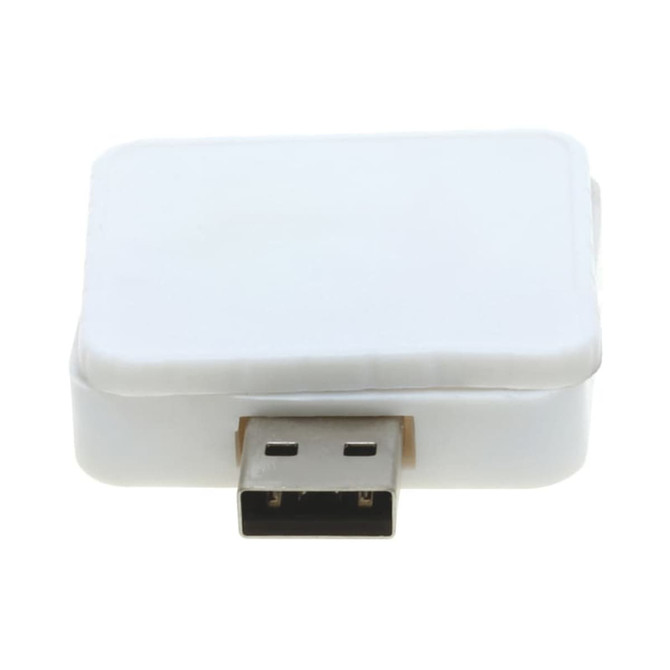 A white square flash drive with a USB connector and a simple design, featuring a logo on the surface.