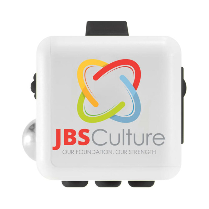 A white Fidget Cube featuring various tactile buttons and a logo, designed for sensory engagement and stress relief.