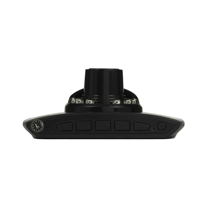A black Simona Dash Cam with various buttons and lights, featuring a sleek design. It includes a logo.