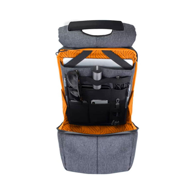 A grey backpack with an orange interior, featuring multiple pockets and compartments for organisation. It has a handle on top.