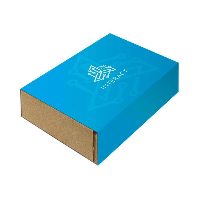 A blue customised printed sleeve on a cardboard box with a logo featured on the front.