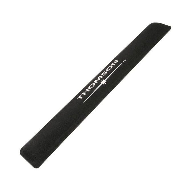 A black gel keyboard wrist rest with a smooth surface and rounded edges, featuring a logo.