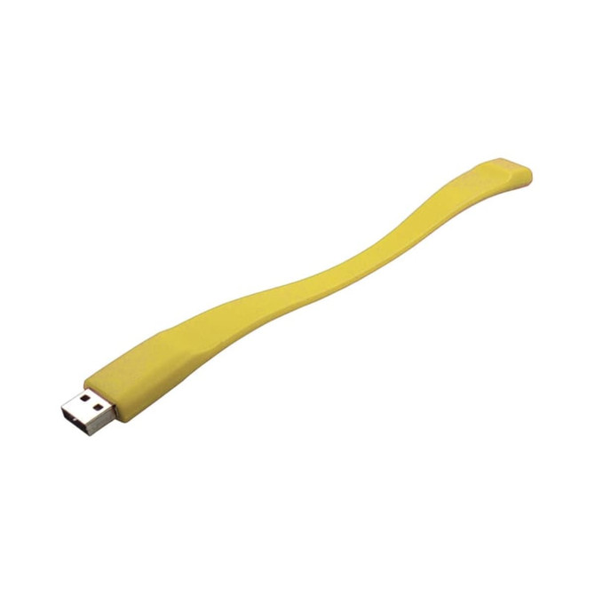 A yellow silicone wristband with a USB connector at one end. It features a smooth, flexible design and a logo.