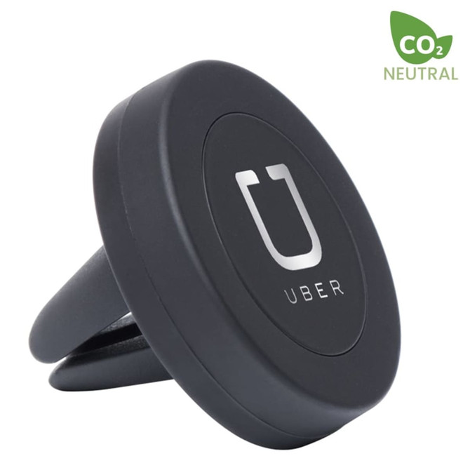 A round black car phone holder with a holder clip and a logo in the centre. Features a CO2 neutral badge. A round black car phone holder with a holder clip and a logo in the centre. Features a CO2 neutral badge.