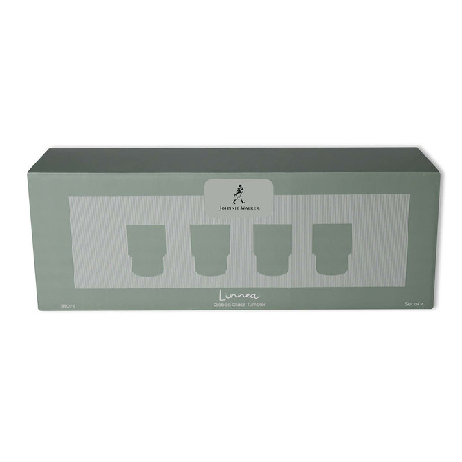 A box containing four ribbed glass tumblers in soft green hues, featuring a logo on the front.