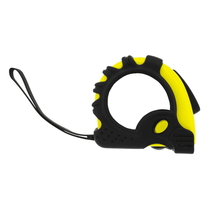 A tape measure with a black and yellow exterior, featuring a grip handle and a retractable measuring tape.