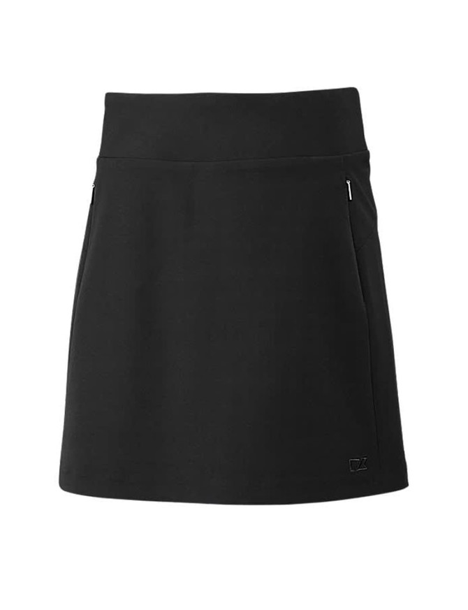 A black skort featuring a fitted waistband and side zip pockets, with a logo on the hem. A black skort featuring a fitted waistband and side zip pockets, with a logo on the hem.
