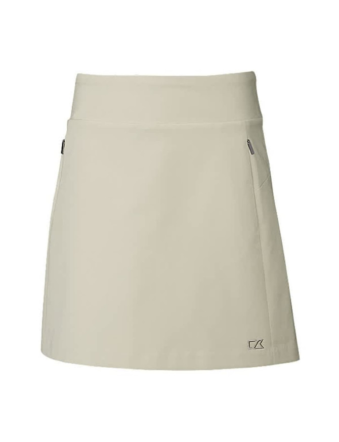 A light green skort with a fitted waistband and side pockets, featuring a logo on the front. A light green skort with a fitted waistband and side pockets, featuring a logo on the front.