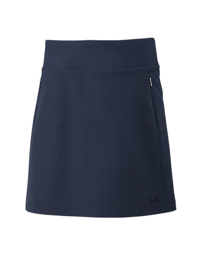 A navy skort featuring a flat waistband and side zip pockets, with a logo on the hem. A navy skort featuring a flat waistband and side zip pockets, with a logo on the hem.
