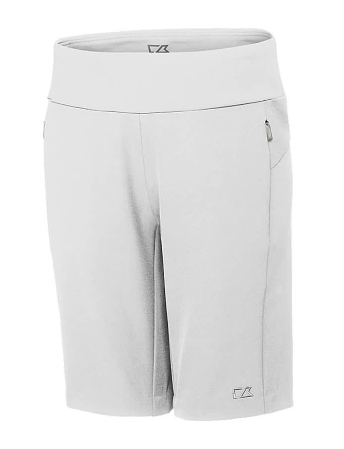 Light grey dress shorts with a wide waistband and a side pocket, featuring a brand logo.