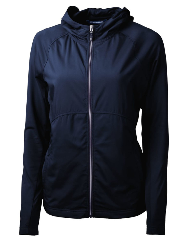 A navy ladies full zip jacket with a hood and zip-up front. It features a subtle branding logo. A navy ladies full zip jacket with a hood and zip-up front. It features a subtle branding logo.