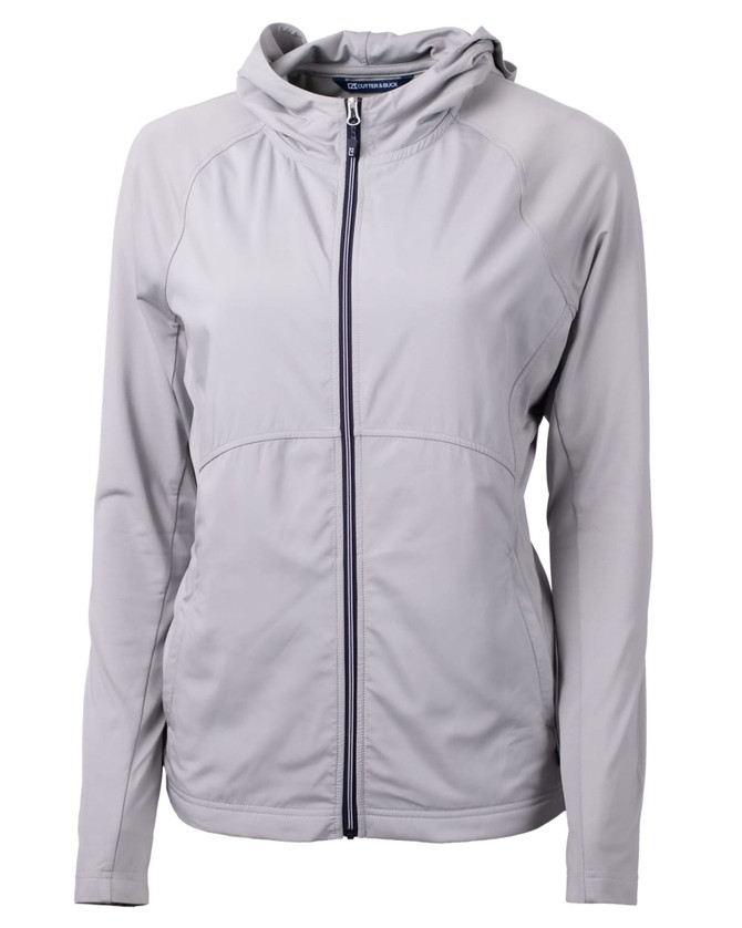 A light grey full zip jacket for women with a hood and a logo, featuring a fitted design. A light grey full zip jacket for women with a hood and a logo, featuring a fitted design.