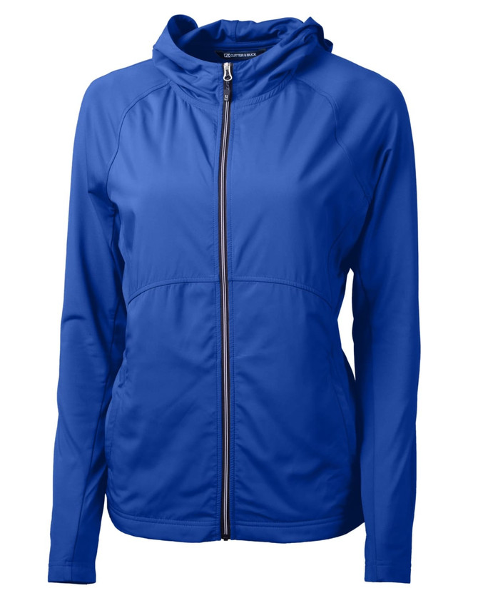 A blue ladies' full zip jacket with a hood and a zippered front, featuring a logo on the chest. A blue ladies' full zip jacket with a hood and a zippered front, featuring a logo on the chest.