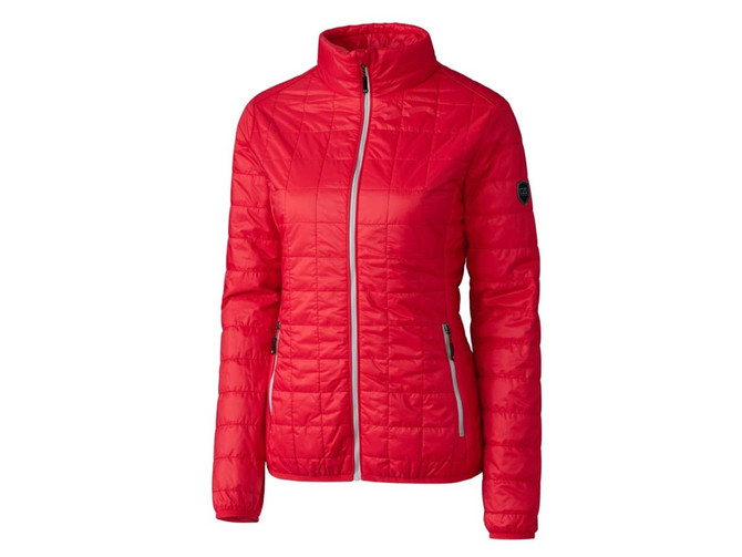 A red ladies rain jacket features a zip front, high collar, and is styled with a logo on the sleeve. A red ladies rain jacket features a zip front, high collar, and is styled with a logo on the sleeve.