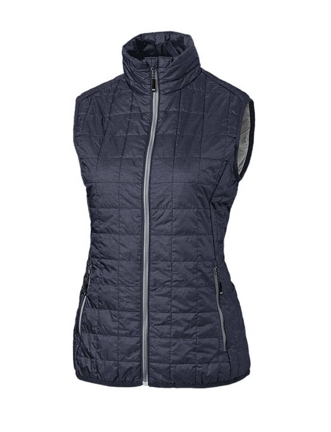 A dark grey puffer vest with a zip front and high collar, featuring two side pockets and a branding logo.