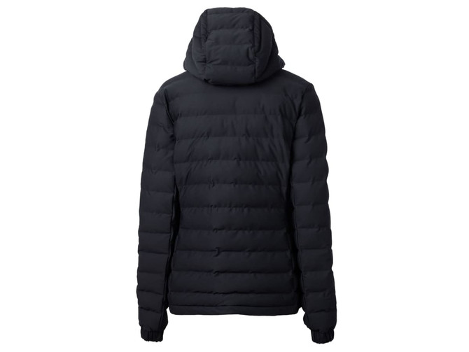 A black puffer jacket with a hood, featuring a quilted design and elastic cuffs, alongside a logo.