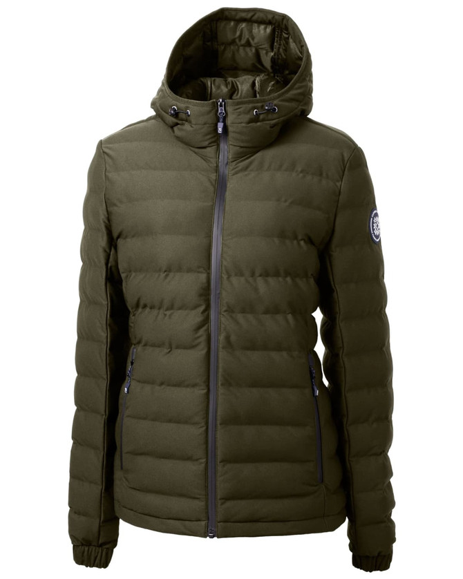 A green puffer jacket with a hood, featuring zippered pockets and a logo on the sleeve.