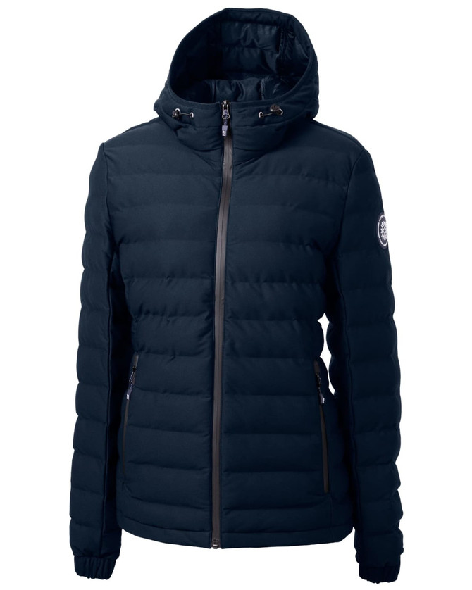 A navy blue ladies puffer jacket with a hood, featuring zip-up front and side pockets. Includes a branding logo.