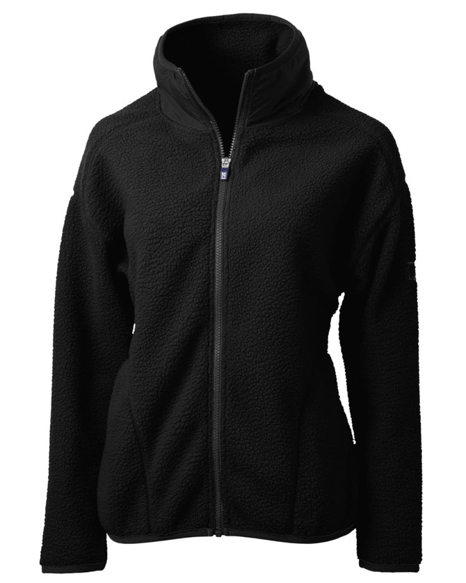 A black eco Sherpa jacket with a zip front and high collar, featuring a logo on the sleeve. A black eco Sherpa jacket with a zip front and high collar, featuring a logo on the sleeve.