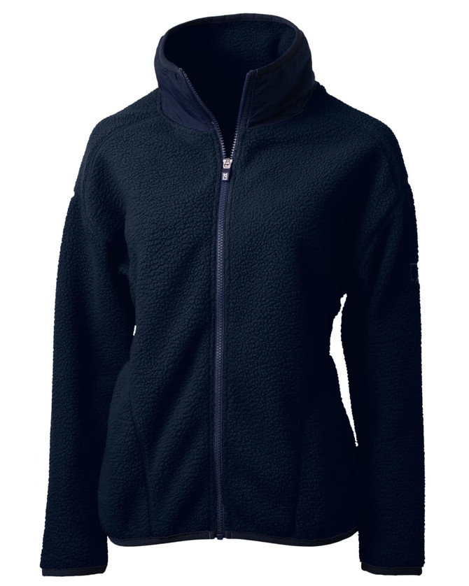 A dark navy eco-friendly Sherpa jacket with a high collar and a zippered front, featuring a logo. A dark navy eco-friendly Sherpa jacket with a high collar and a zippered front, featuring a logo.