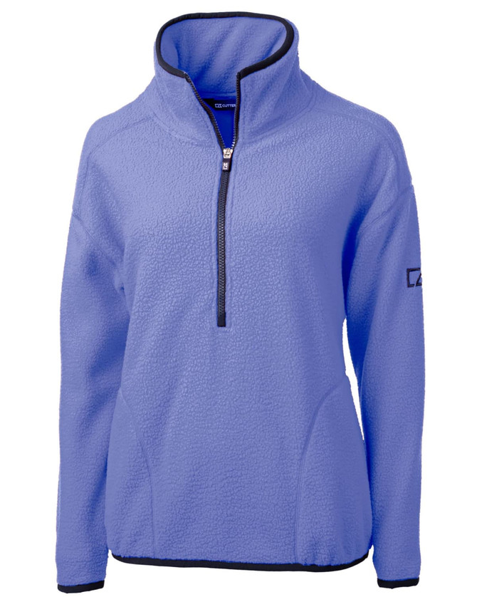 A light purple eco-friendly half zip jacket made from Sherpa fabric, featuring a zipped collar and a logo. A light purple eco-friendly half zip jacket made from Sherpa fabric, featuring a zipped collar and a logo.