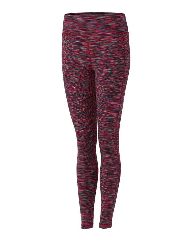 Ladies' leggings in space dye fabric, featuring a mix of red and grey hues with a slim fit. Includes a logo.