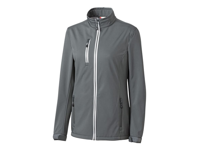 A softshell jacket in grey with a front zip, zippered pockets, and a high collar. Features a logo on the chest. A softshell jacket in grey with a front zip, zippered pockets, and a high collar. Features a logo on the chest.