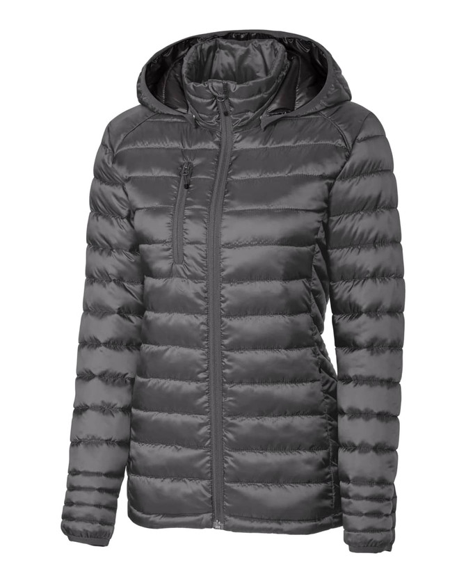 A ladies' puffer jacket in dark grey, featuring a full zip and hood, with one zip pocket and a logo.