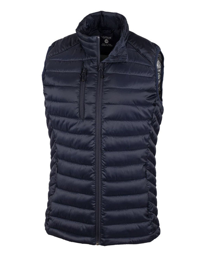 A navy puffer vest featuring a zipped front and a high collar. It has a logo on the inside tag. A navy puffer vest featuring a zipped front and a high collar. It has a logo on the inside tag.