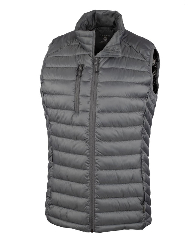 A grey puffer vest with a zip front, featuring a high collar and branding on the inside. A grey puffer vest with a zip front, featuring a high collar and branding on the inside.