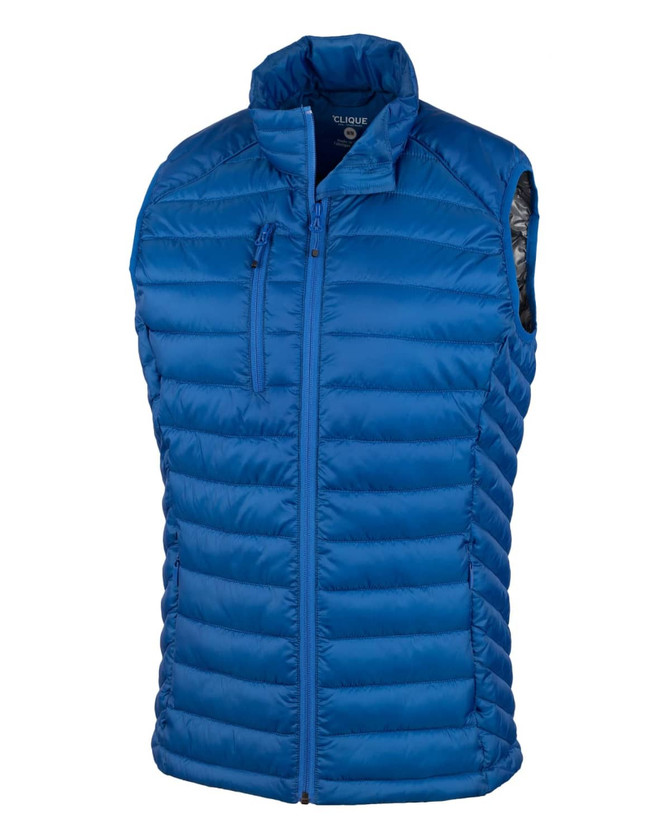 A blue padded vest with a high collar and a zip front, featuring a logo on the chest area. A blue padded vest with a high collar and a zip front, featuring a logo on the chest area.