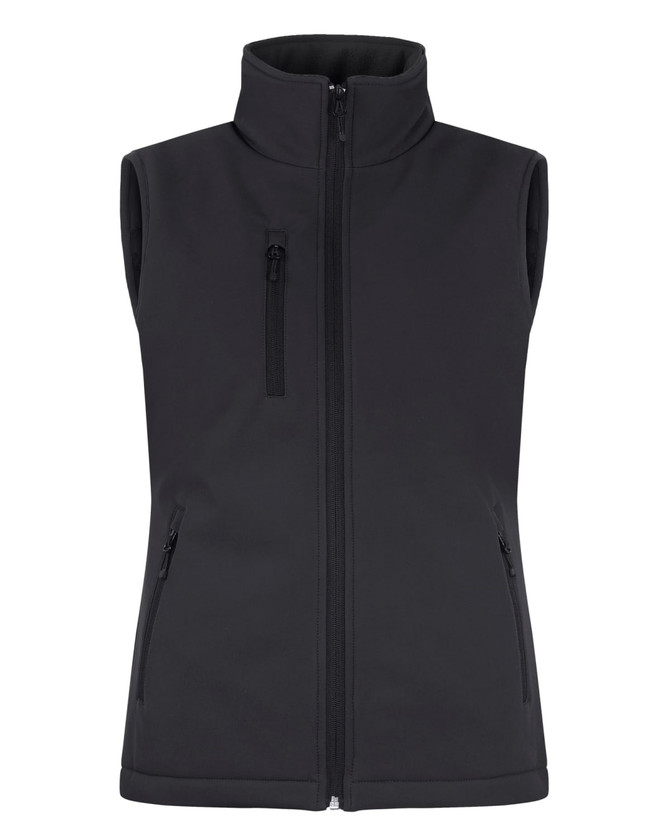 A black softshell vest with a high collar and zippered pockets, featuring a logo on the chest.