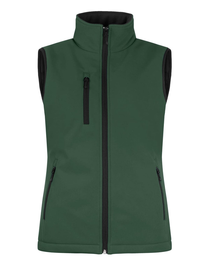 A green ladies' softshell vest with a high collar and three pockets, featuring black accents.