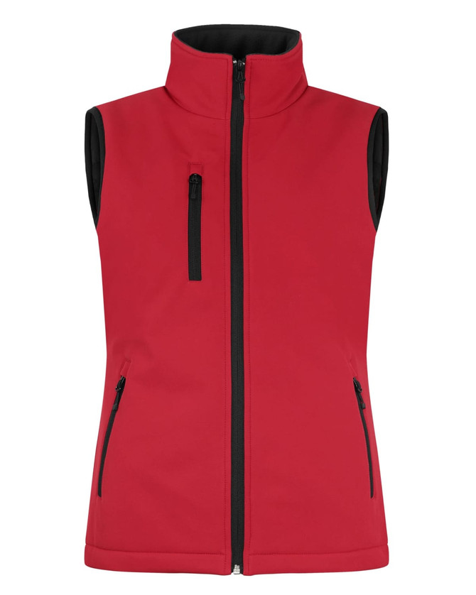 A red softshell vest featuring a full zip, two side pockets, and a chest pocket. It has a logo on it.