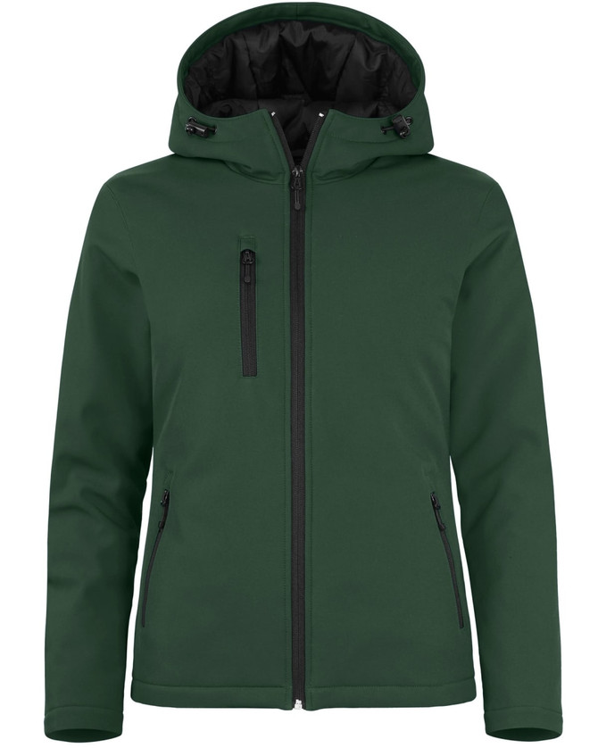 A green softshell jacket featuring a hood, zippered front, and multiple zippered pockets. It has a branding logo.