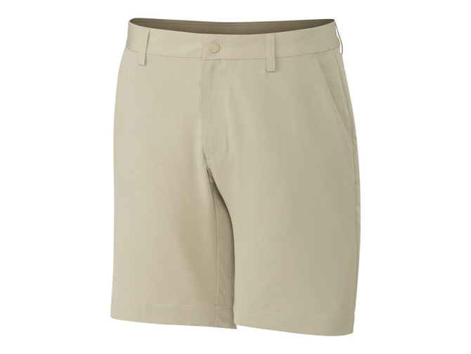Khaki sport shorts with a tailored fit, featuring pockets and a logo. Suitable for athletic activities.