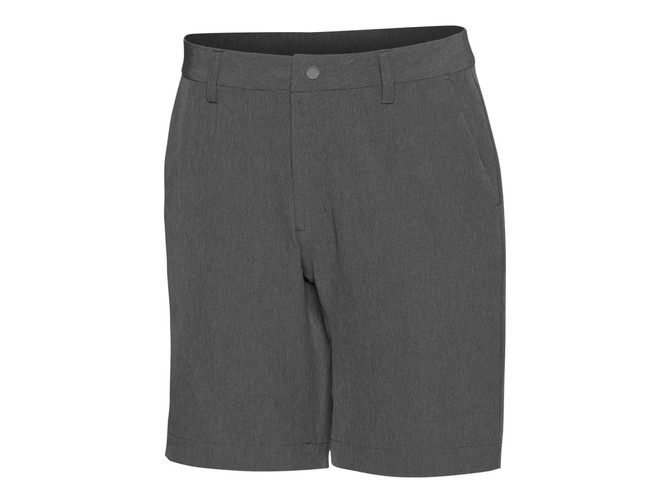 A pair of grey sports shorts with a flat front, pockets, and a waistband. Features a logo.