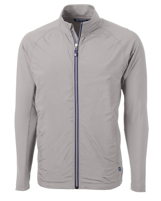 A full zip jacket in grey with long sleeves and a stand-up collar, featuring a logo.