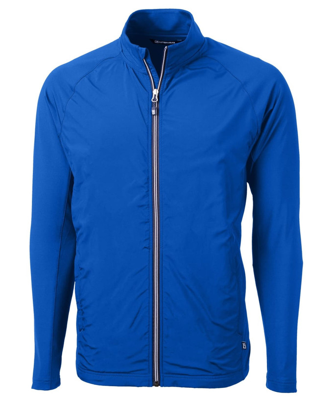 A blue men's full zip jacket featuring long sleeves and a logo on the chest. Suitable for various casual occasions.